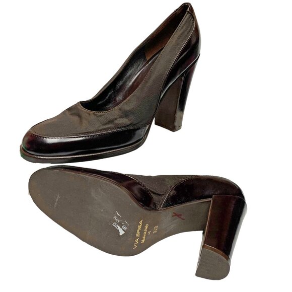 VIA SPIGA Neiman Marcus Brown Textile Leather Block‎ Heel Pumps - Picture 10 of 11